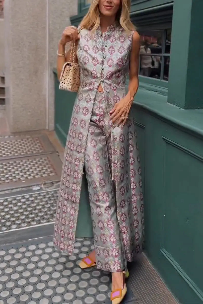 Women's Round Neck Printed Long Top+ Pants Elegant Casual Set