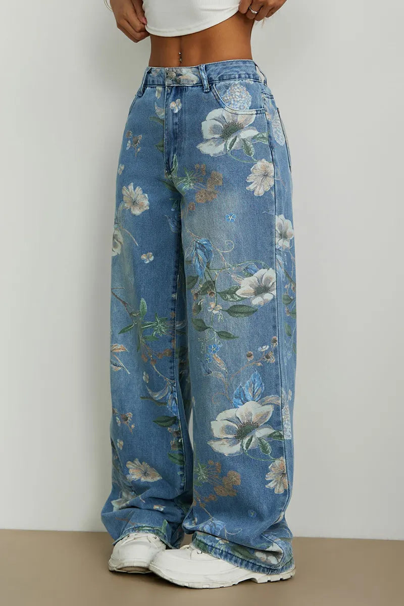 Casual Printed Loose Fit Wide Leg Jeans
