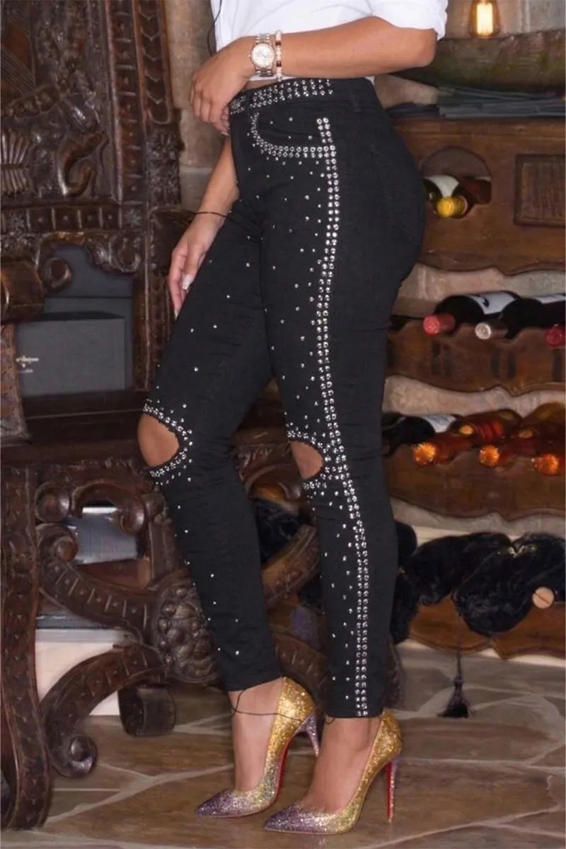 Women's Casual Rhinestone Ripped Skinny Jeans