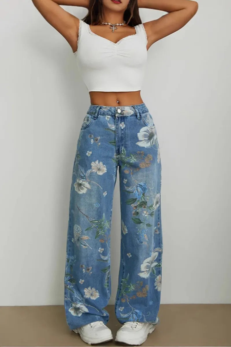Casual Printed Loose Fit Wide Leg Jeans