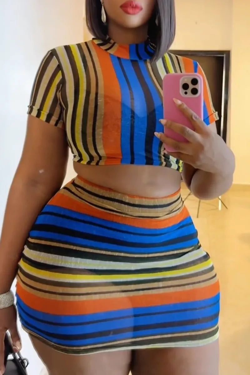 Women's Round Neck Vertical Striped Colorful Top+ Half Skirt Sexy Casual Suit