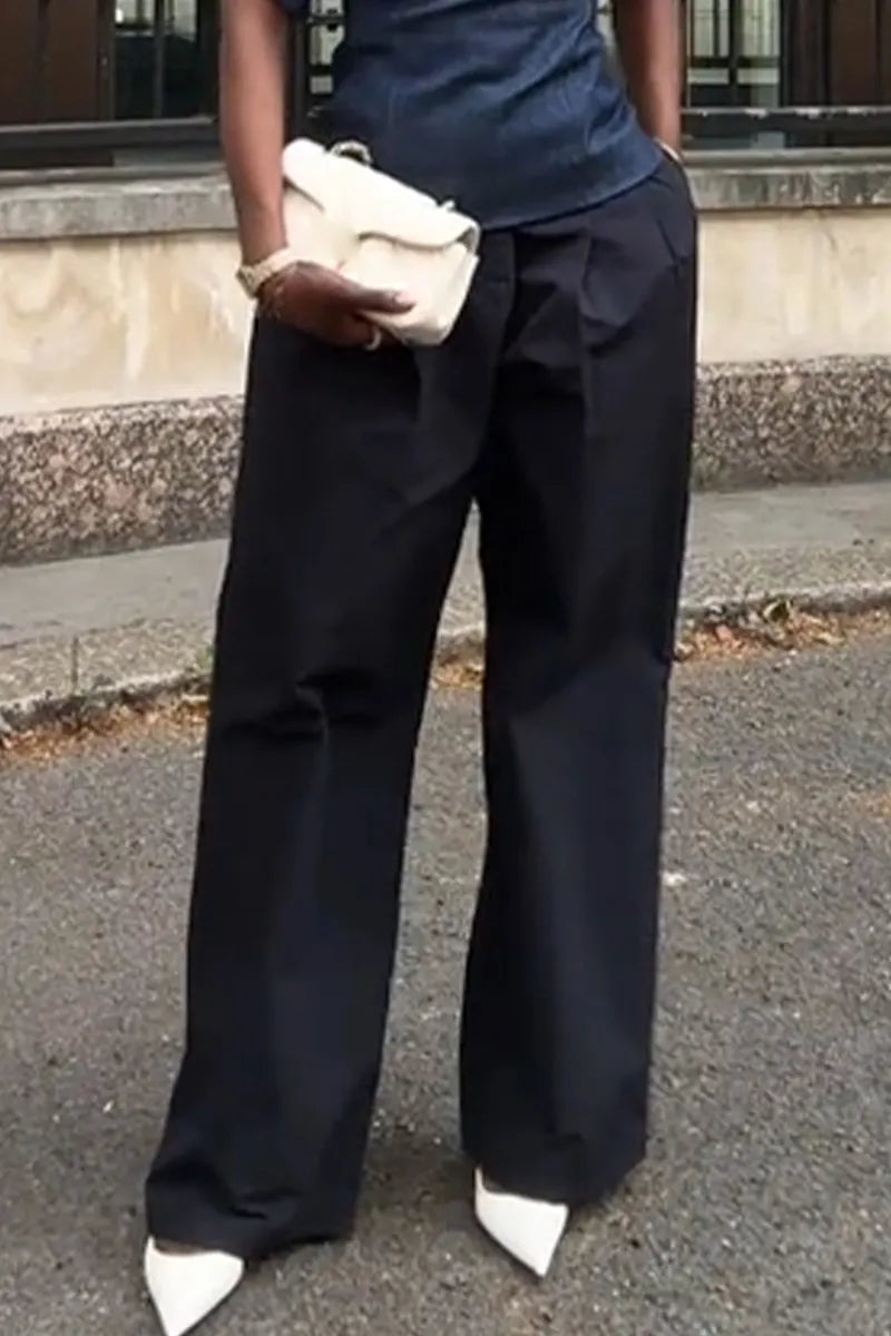 Women's U-neck Waist Cinched Denim Top or Casual Wide Leg Pants