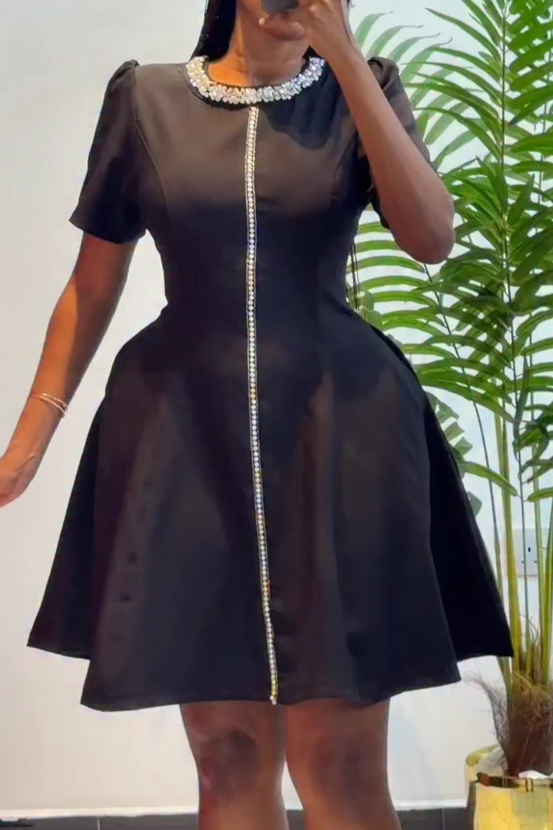 Women's Round Neck Collar Studded Diamond Elegant Casual Dress