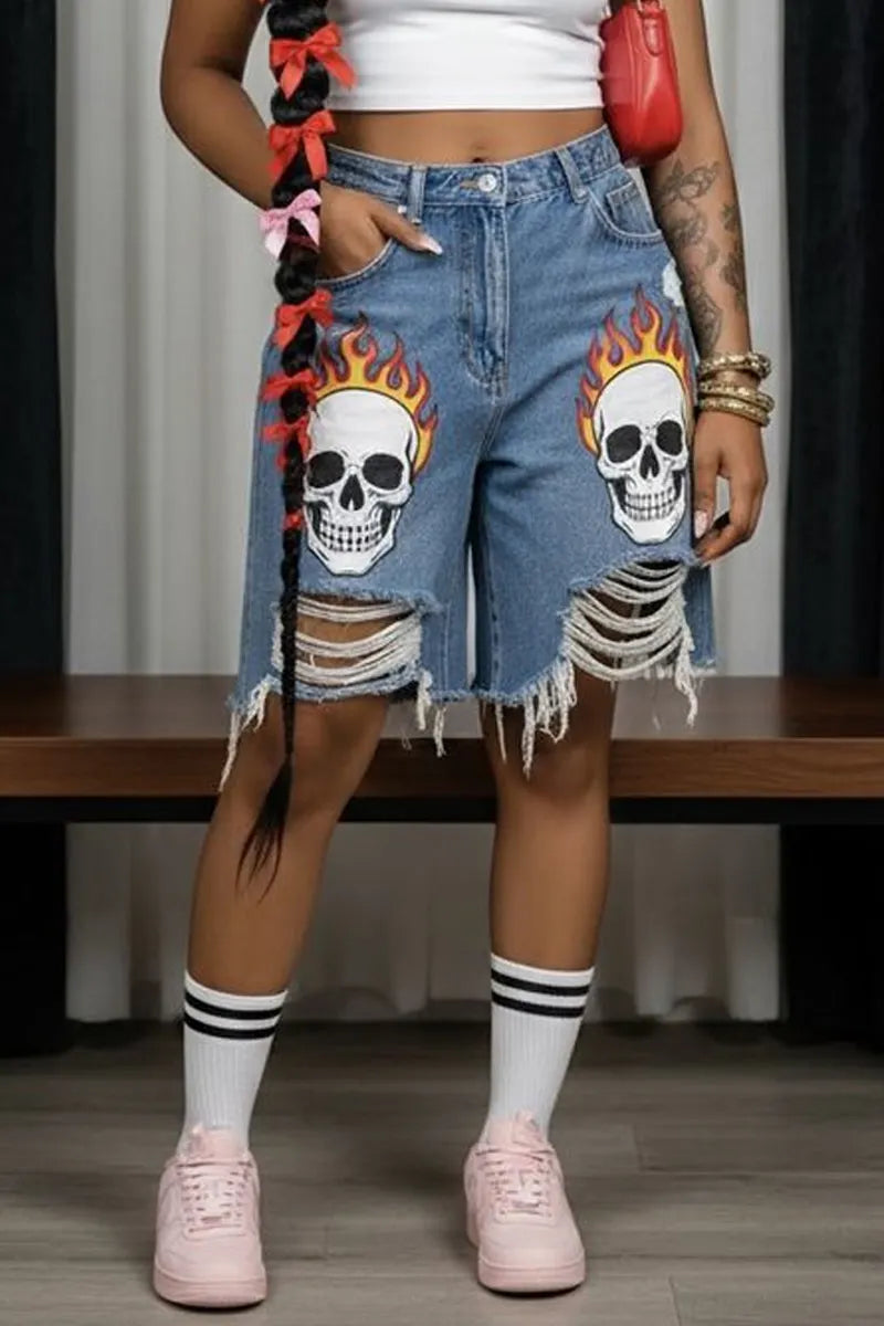 Women's High Waist Distressed Skull Graphic Frayed Wide Leg Jort Shorts