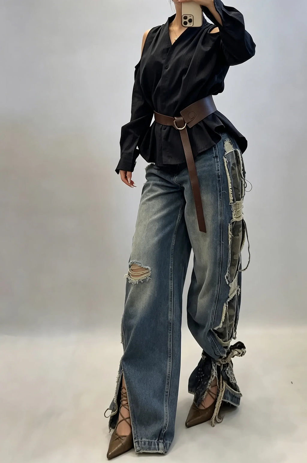 Women's Street Style Side Camo Patchwork Wide Leg Jeans