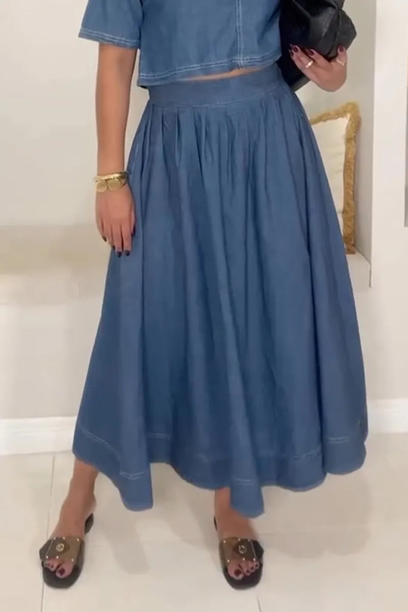 Women's Casual Crew Neck Short Sleeve Denim Top or A-Line Skirt