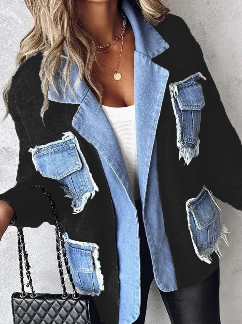 Casual Unique Denim Panel Knit Sweater Jacket