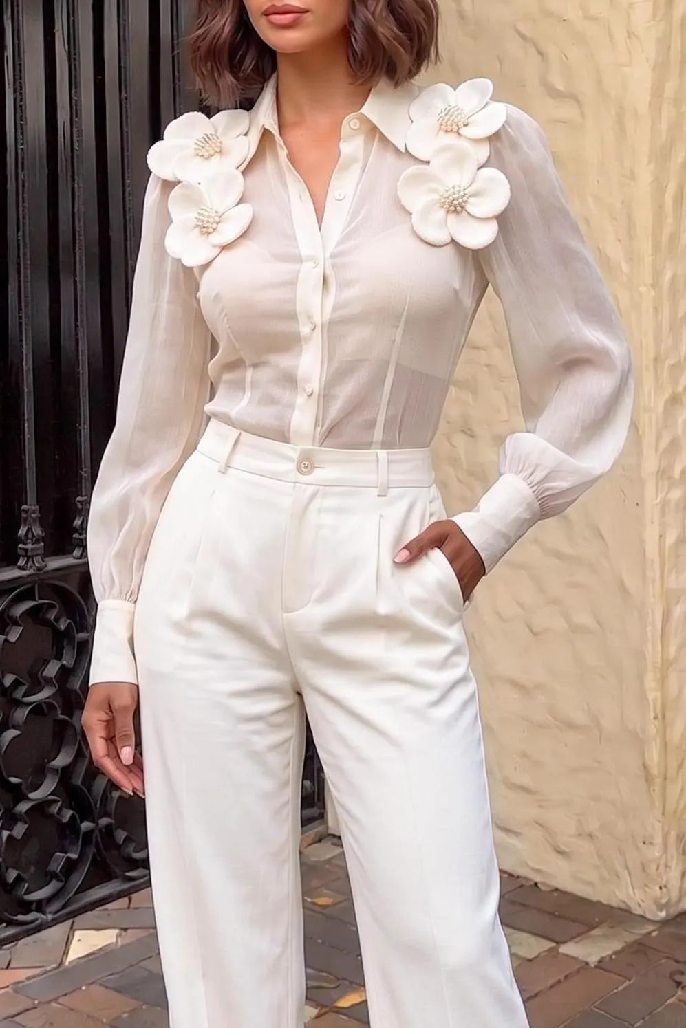 Women's Elegant 3D Floral Applique Blouse Semi-Sheer Button Down Shirt Long Sleeve Lapel Work Office Party Tops