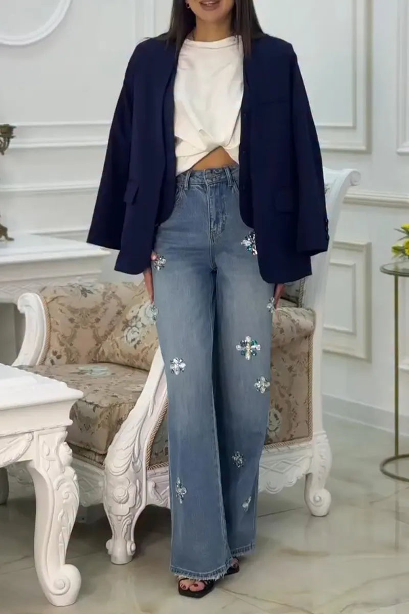 Women's Fashion Rhinestone Floral Trim Jeans