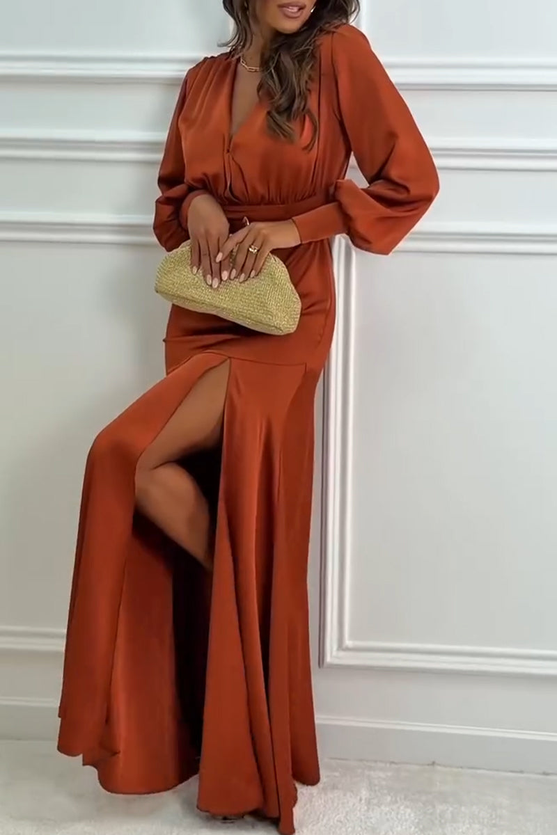 Women's V-neck Cinched Waist Slit Elegant Temperament Dress