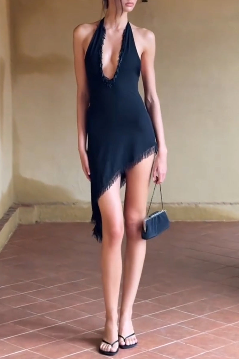 Women's Elegant Sexy V-Neck Asymmetric Hem Fringe Decoration Dress