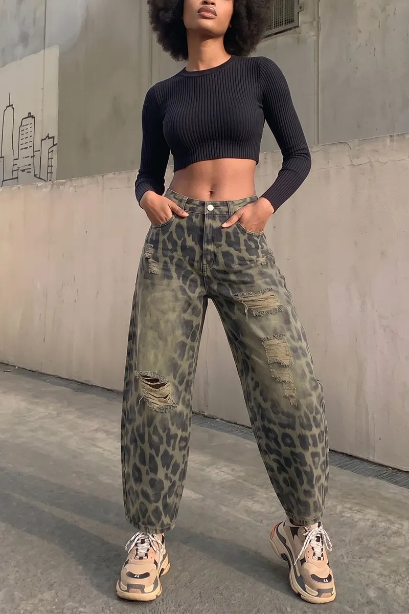 Women's Vintage Washed Leopard Print Ripped Jeans High Waisted Loose Baggy Denim Pants