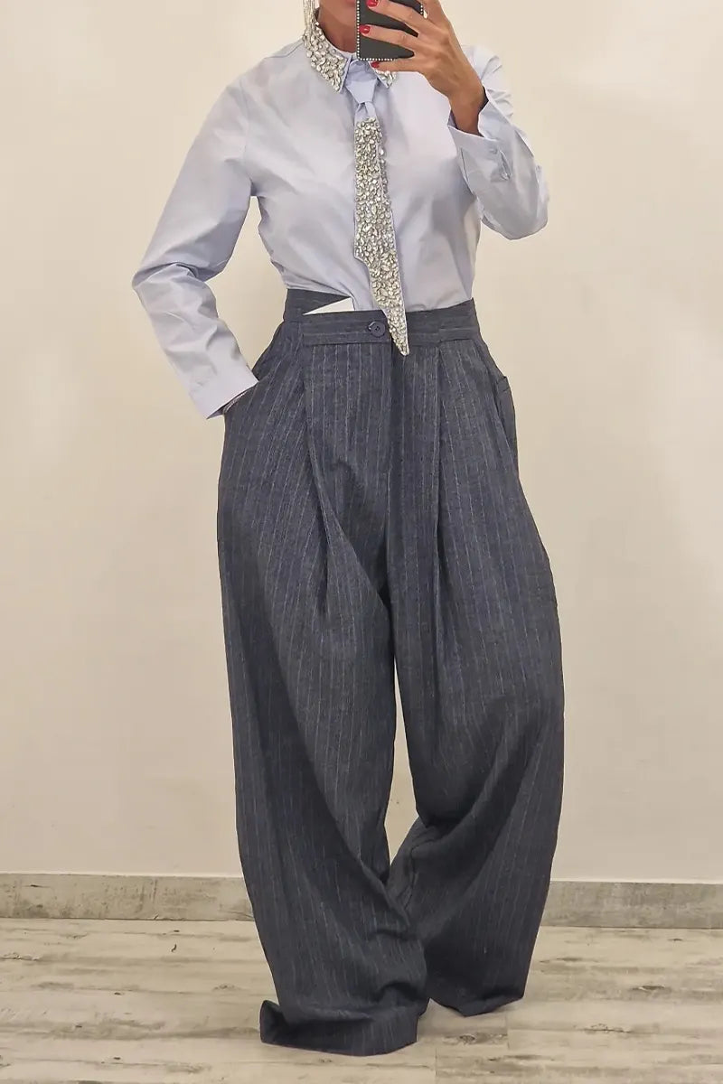 Women's Fashion Rhinestone Neckline Shirt with Belt or Stripe Suit Pants
