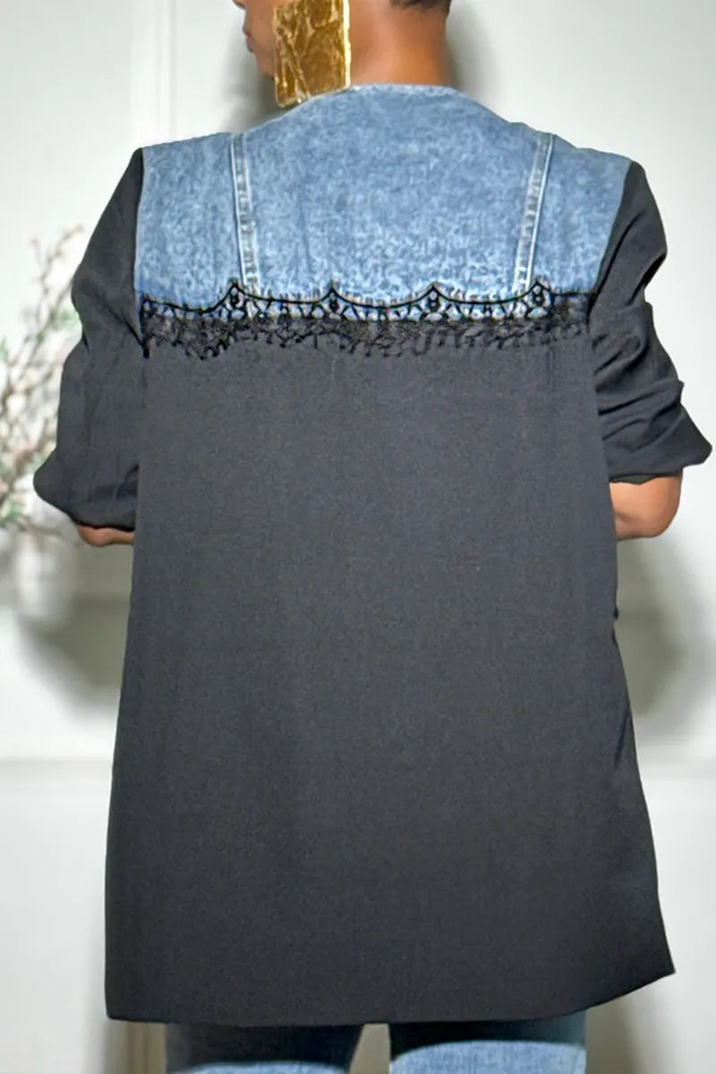 Women's Fashion Lace Patchwork Denim Blazer