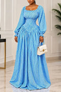 Women's Elegant Stretch Pleated Puff Sleeve Stripe Maxi Dress