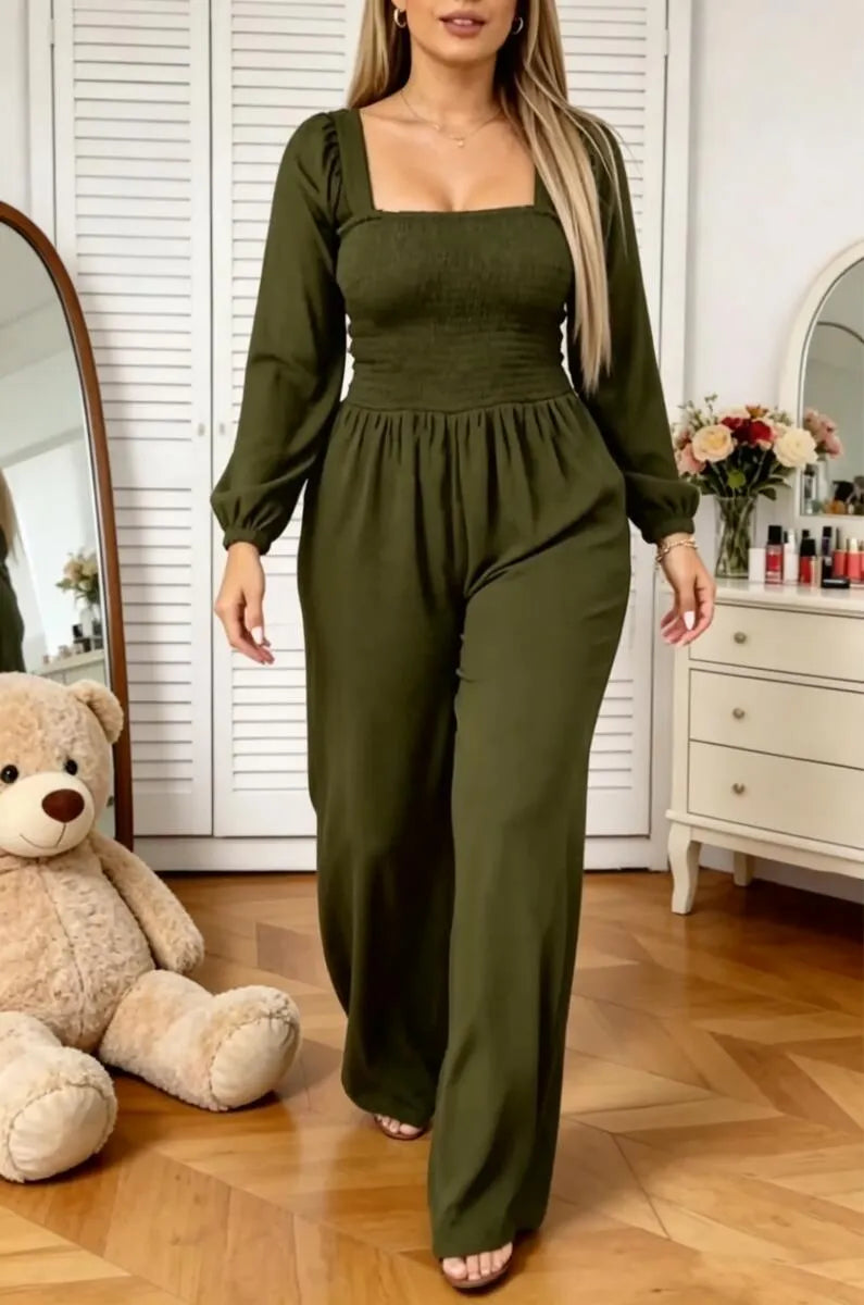 Women's Square Collar Splicing Solid Color Casual Jumpsuit