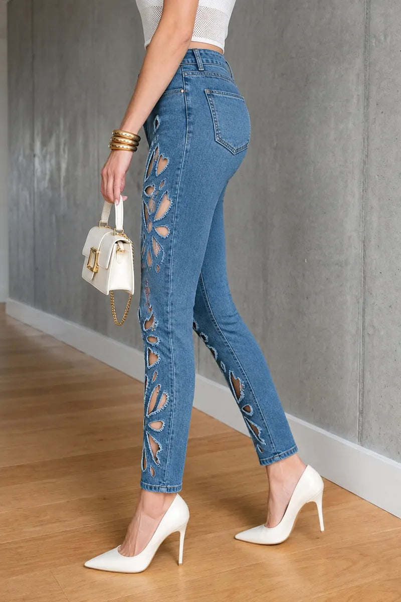 Women's Chic High Waist Floral Cutout Blue Skinny Jeans