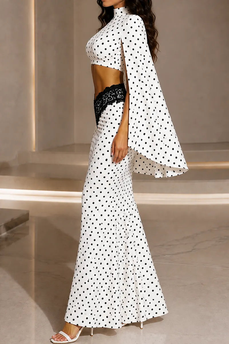 Polka Dot Cape Sleeve Crop Top & Lace Detail Mermaid Maxi Skirt Set