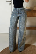 Women's Fashion Party Shiny Rhinestone Wide Leg Jeans