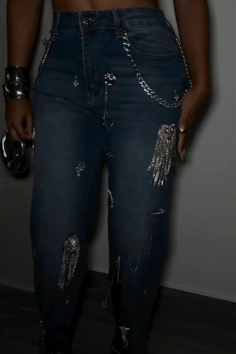 Women's Fashion Rhinestone Pattern Metal Chain Decoration Wide Leg Jeans