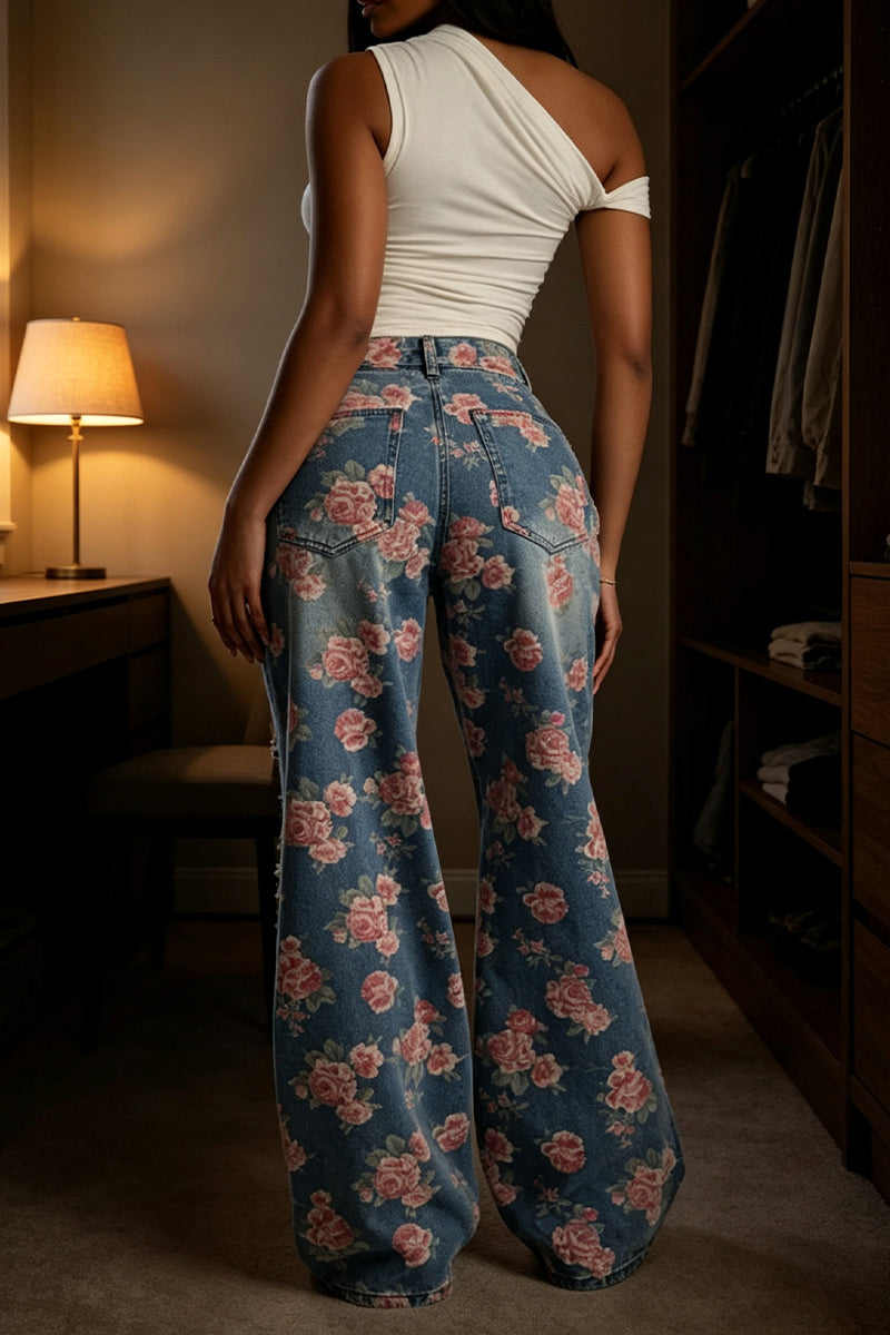 Women's Washed Water Hole Rose Print Casual Wide Leg Jeans