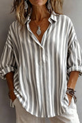 Women's Casual Striped Collared Henley Shirt with Loose Fit & Curved Hem