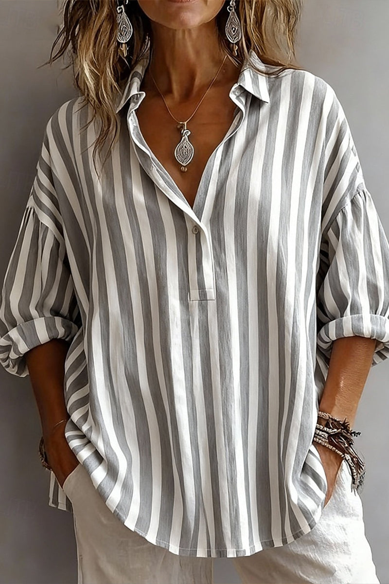Women's Casual Striped Collared Henley Shirt with Loose Fit & Curved Hem