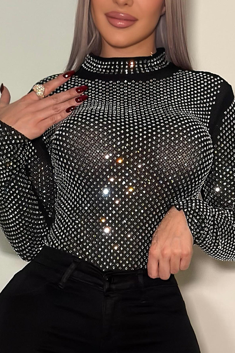 Dazzling Stretch Crystal Embellished Women's Long Sleeve Top
