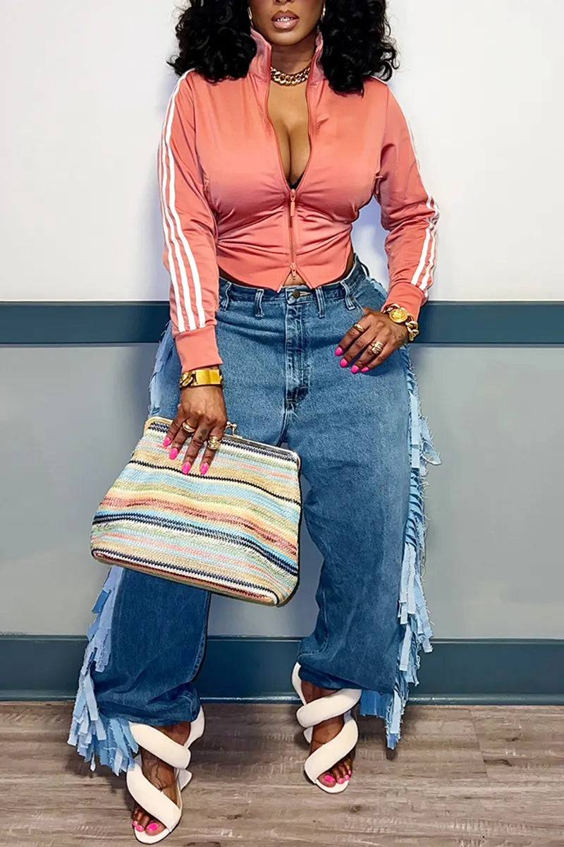 Women's Casual Side Fringe Decoration Wide Leg Jeans