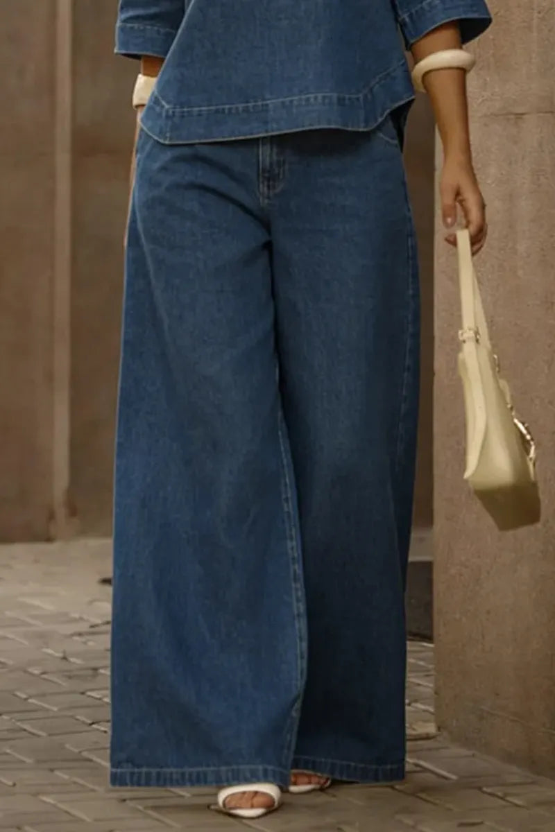 Hot Selling Women's Casual Denim Tops And Wide Leg Denim Pants