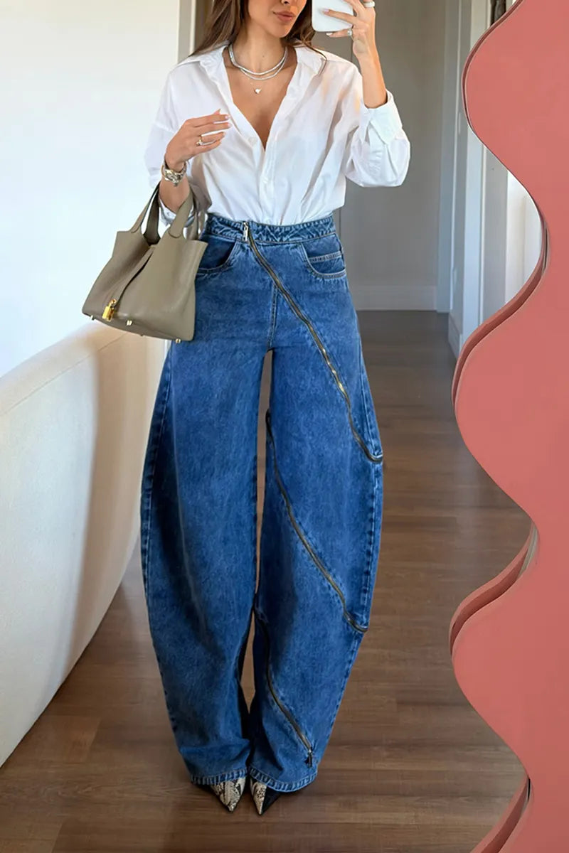 Women's Fashion Zipper Design Barrel Jeans