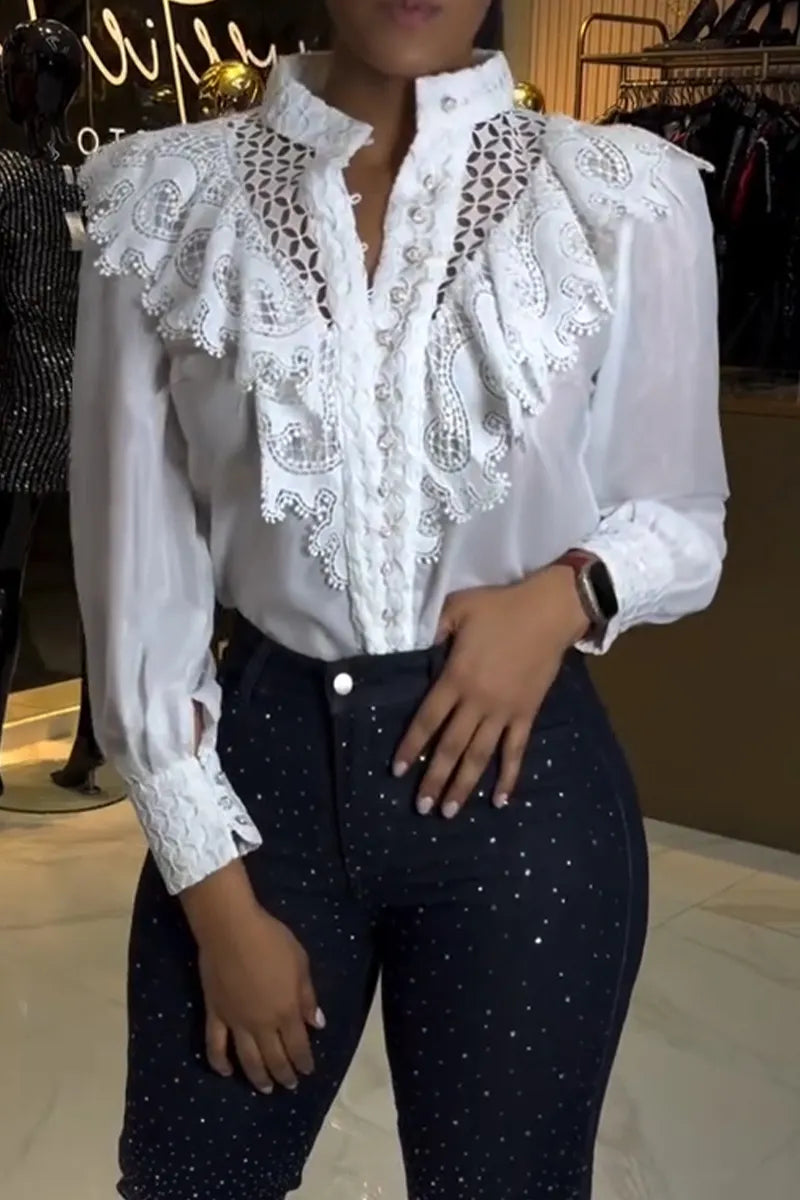 Women's Round Neck Patchwork Lace Ruffle Top or Rhinestone Casual Jeans