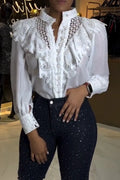 Women's Round Neck Patchwork Lace Ruffle Top or Rhinestone Casual Jeans