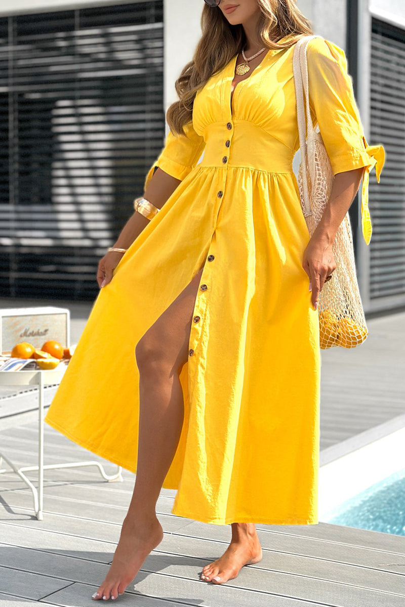 Women's V-neck Button-down Casual Dress