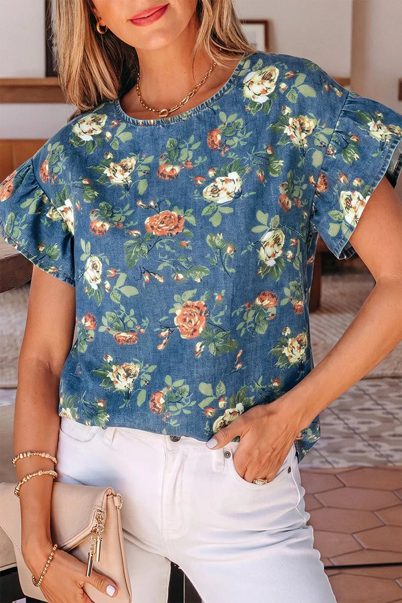 Women's Retro Print Ruffled Denim Top