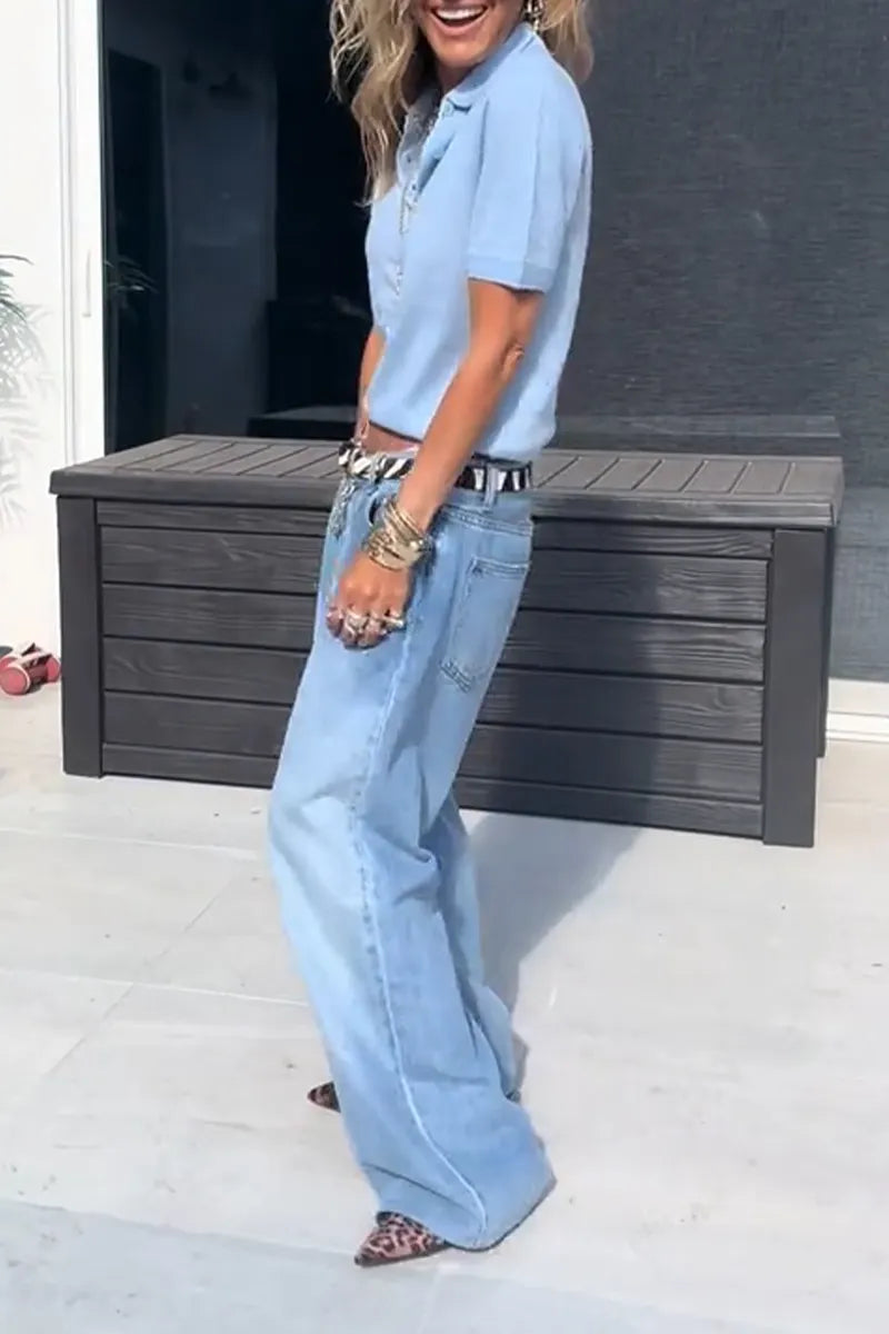 Women's Casual Collar Solid Color Top or Washed Wide Leg Jeans