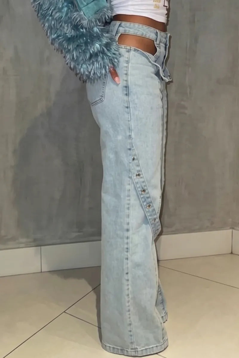 Women's Straight Leg Street Style Jeans With Cut Outs And Patchwork Pockets