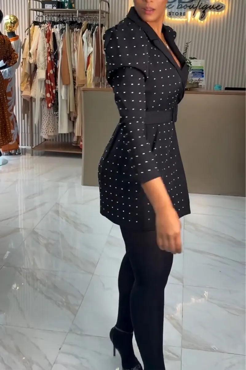 Women's Elegant Rhinestone Lapel Leg of Mutton Sleeve Blazer Mini Dress with Belt