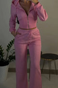 Women's Casual Rhinestone Hooded Jacket & Pants