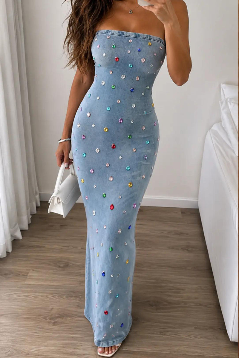 Women's Casual Fashion Rhinestone Decoration Strapless Denim Dress