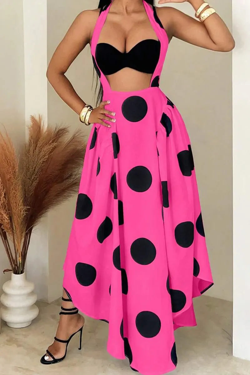 Women's Neck Hanging Patchwork Polka Dot Print Irregular Casual Dress