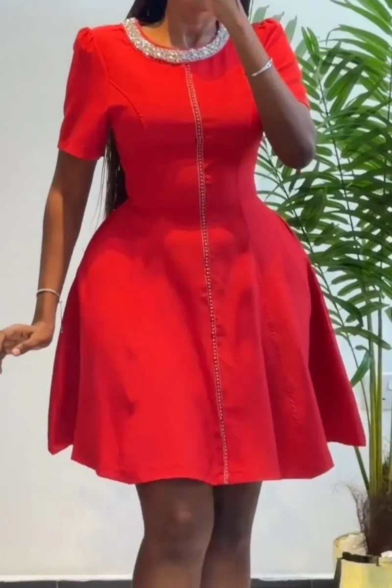 Women's Round Neck Collar Studded Diamond Elegant Casual Dress