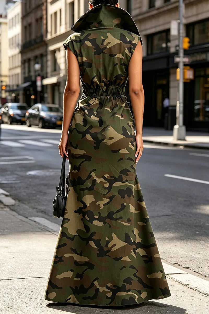 Women's Collar Splicing Multi Pocket Zipper Charm Camouflage Dress