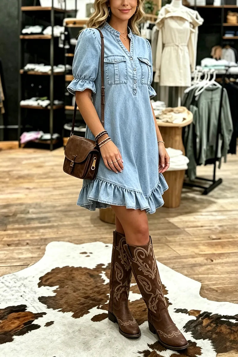 Women's Casual Ruffle Hem Washed Denim Mini Dress