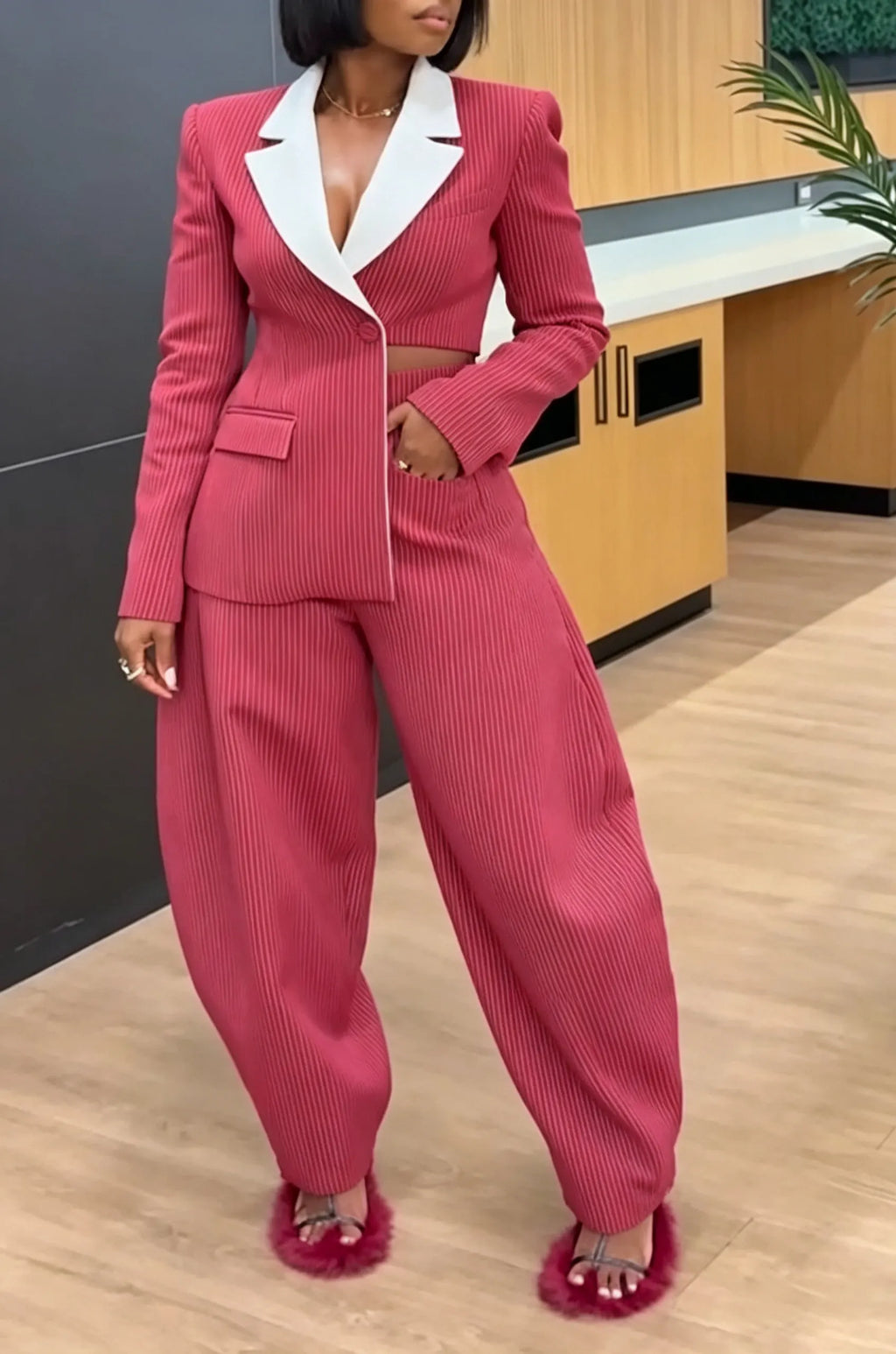 Women's Fashion Color Block Lapel Asymmetric Blazer or Curved Pants