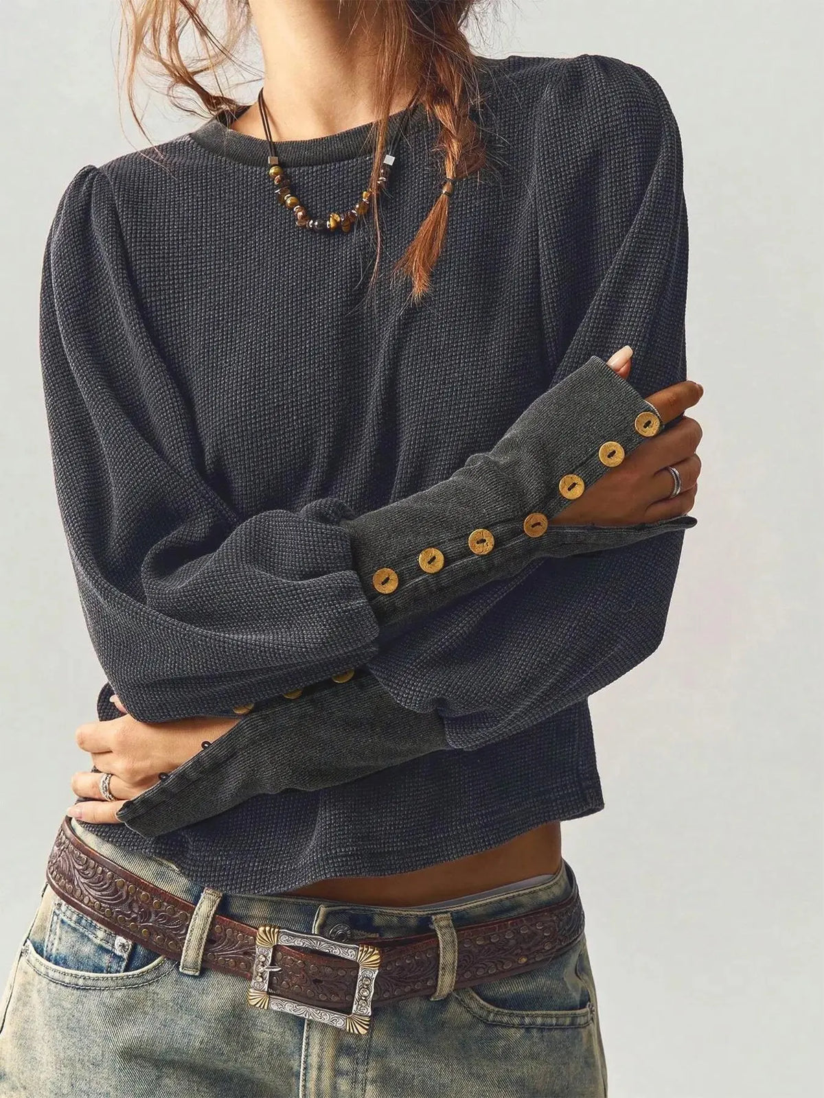 Casual Warm Textured Knit Puff Sleeve Top