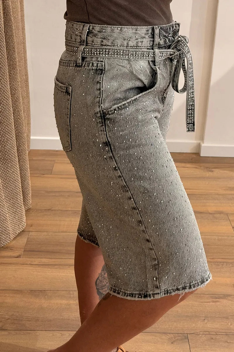 Women's Fashion Sparkling Rhinestone Cropped Jeans with Belt