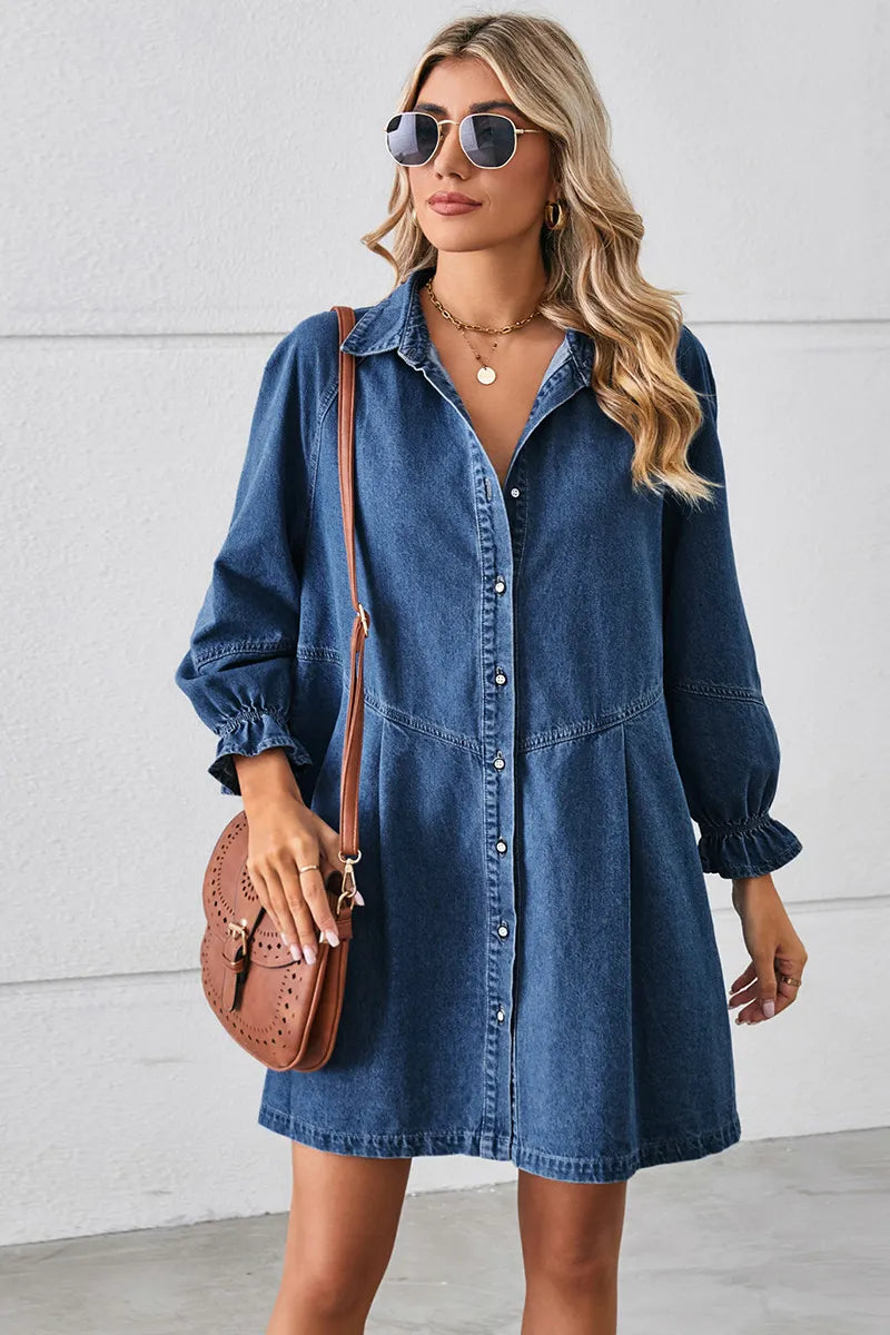 Casual Puff Sleeve Loose Fit Washed Denim Dress