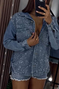 Casual Lapel Hotfix Rhinestone Denim Jacket