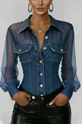 Women's Fashion Lapel Organza Panel Denim Top